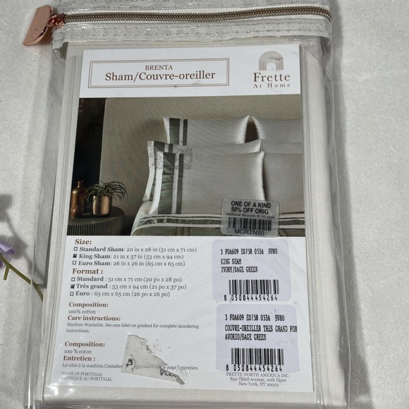 NIB [ 1 King ] Pillow Sham for Frette At Home Brenta in Ivory / Sage Green‎ - Picture 2 of 12